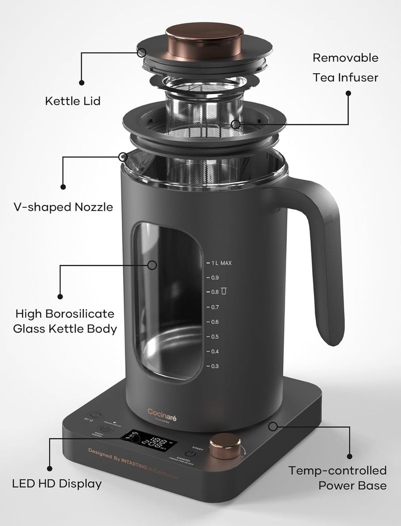 intasting Electric Tea Kettle, Glass Electric Kettle with tea Infuser and Precise knob temperature control, 1200W Fast Heating, BPA-Free, Easy to Clean, for Tea and coffee, 1 Liter (Dark Gray) - Image 2